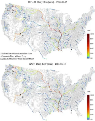 Figure 5. Spatially distributed daily streamflow on 15 July 1986 in the GF river network simu- simu-lated with mizuRoute