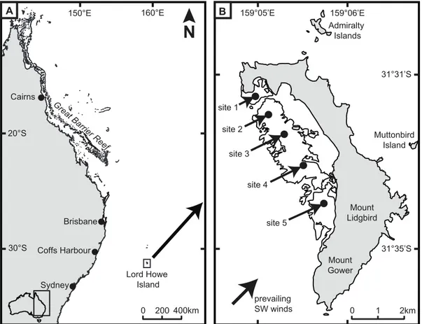 Figure 1. Map showing location of study sites. A. Map of the east coast of Australia showing the geographic location of Lord Howe Island