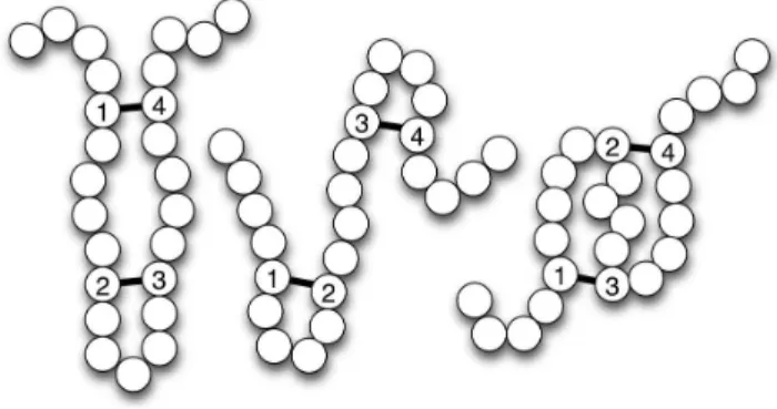Figure 2. Example of disulfide patterns. A protein with two disulfide bridges and its three possible disulfide connectivity patterns.