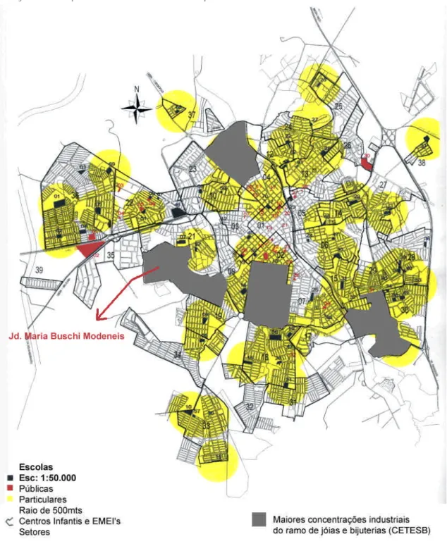 Figura 56: Mapa das maiores concentrações do segmento de Jóias e Bijuterias em  relação ao Mapa das Escolas do município de Limeira 