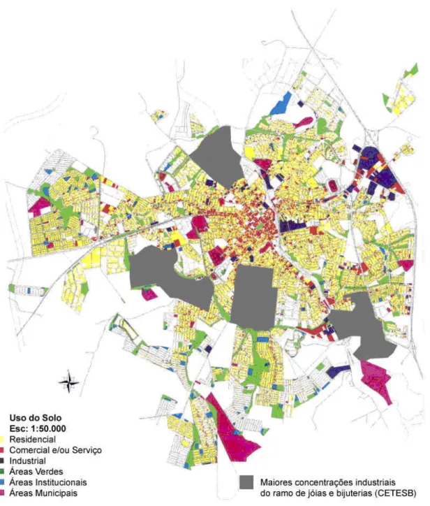 Figura 69: Mapa das maiores concentrações do segmento de Jóias e Bijuterias em  relação ao Mapa de Uso do Solo do município de Limeira 