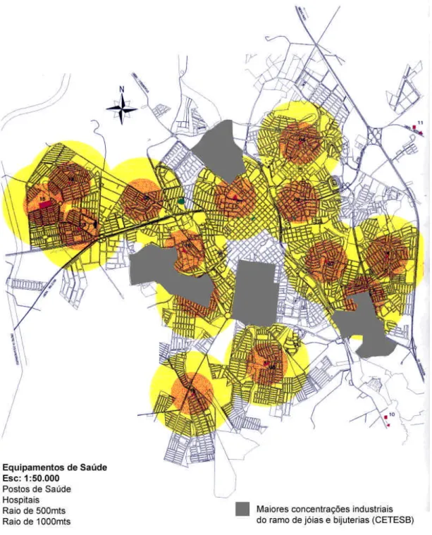 Figura 54: Mapa das maiores concentrações do segmento de Jóias e Bijuterias em  relação ao Mapa Equipamentos de Saúde do Município de Limeira