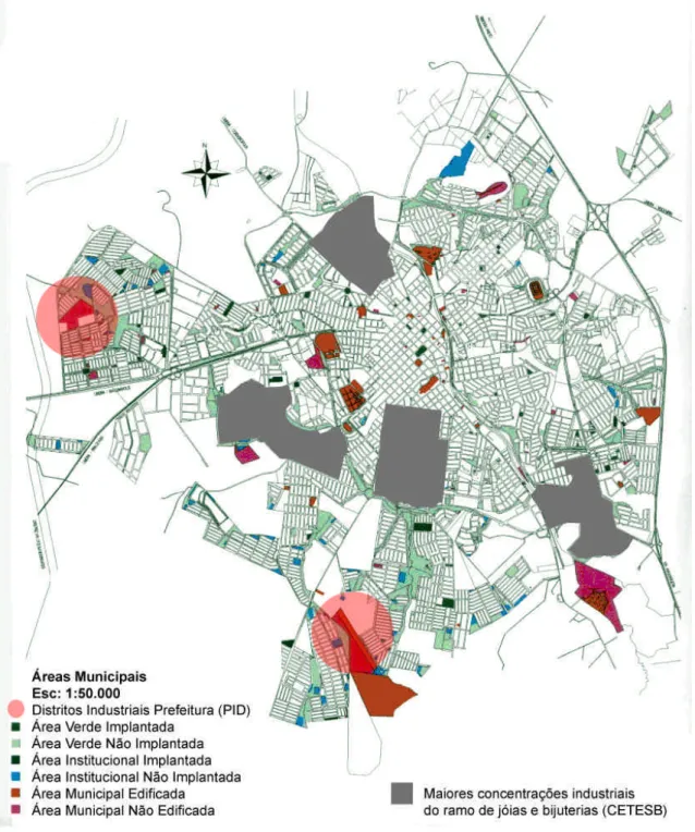 Figura 77: Mapa das maiores concentrações do segmento de Jóias e Bijuterias em  relação ao Mapa de Áreas Municipais do município de Limeira 