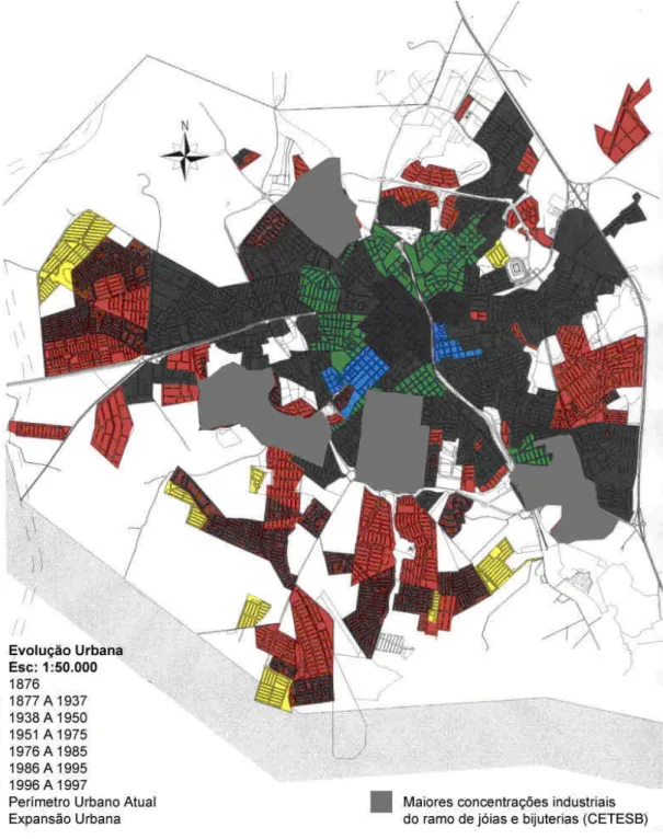 Figura 73: Mapa das maiores concentrações do segmento de Jóias e Bijuterias em  relação ao Mapa de Evolução Urbana do município de Limeira 