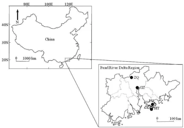 Fig. 1. A map showing sampling sites in this study (Guangzhou (GZ), Zhaoqing (ZQ), The Hong Kong Polytechnic University (PU), Hok Tsui (HT)).