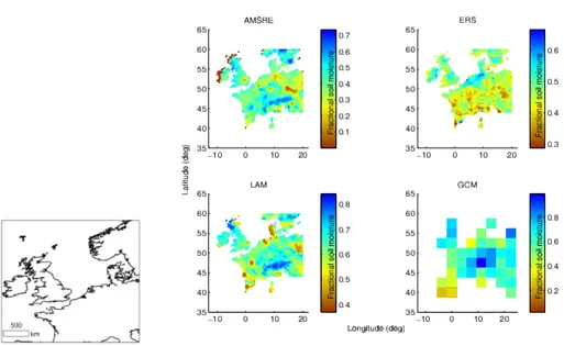 Fig. 1. Selected study area and annual mean soil moisture estimated from space-borne sen- sen-sors (top) and climate models (bottom)