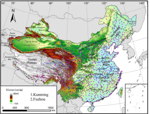 Figure 1. Locations of weather stations and major basins, mountains and plains mentioned in the paper, overlying the digital elevation model for China.