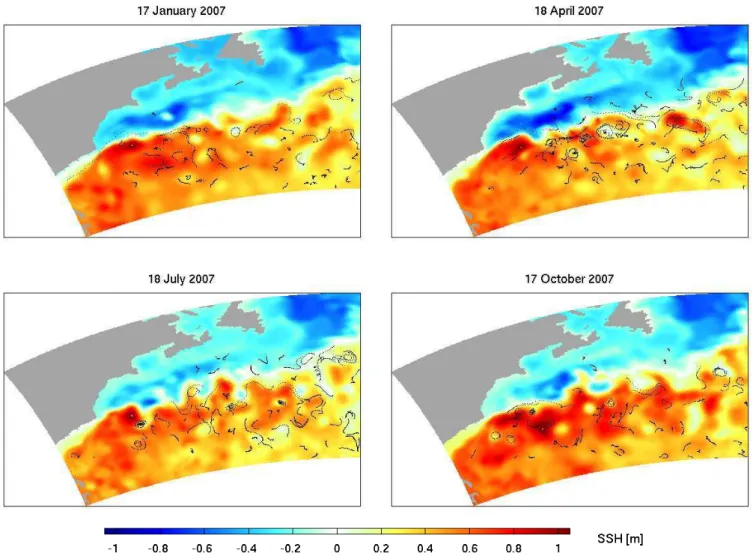 Fig. 11. Drifter trajectories in the Gulf Stream box (dots) versus the analysis SSH. The drifter positions are plotted at 6 h time step within ±4 days from the day of the analysis (given at the top of each panel).