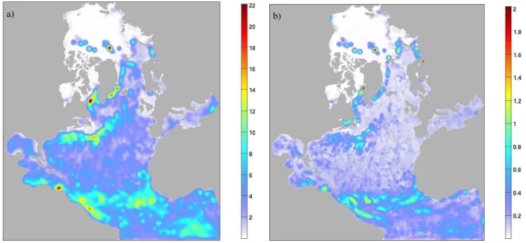 Fig. 3. Example of two-dimensional fields of the local DFS (a) and local SRF (b); calculated in the course of the reanalysis for 23 April 2008.