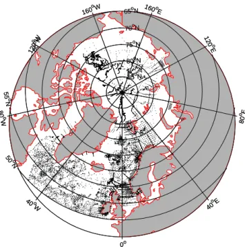 Fig. 4. The map of locations of assimilated in-situ observations north of 50N for the period from April 2007 to December 2009.