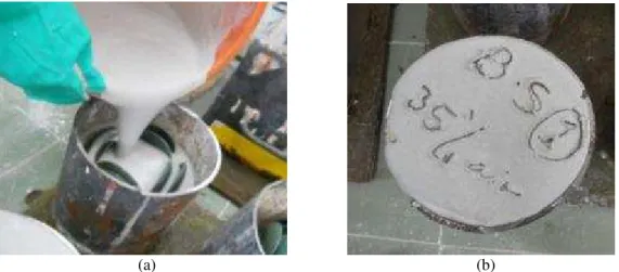Fig. 2. Molding process where, (a) slurry with excellent flowability could be poured easily into the metal flask and (b) harden slurry forming  a block mold