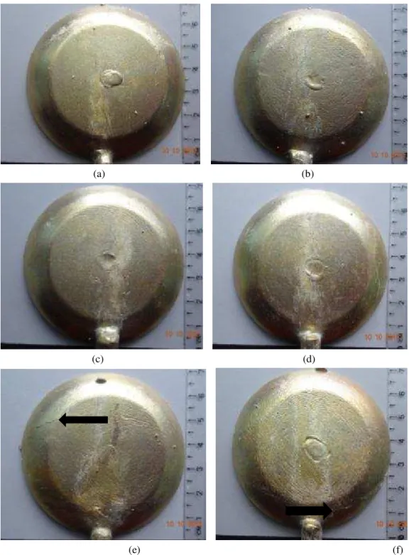Fig. 7. Castings produced using the formulation of JB7-JB12 where (a) 15% POP, (b) 20% POP, (c) 25 % POP (d) 30 % POP, (e) 35 % POP  and (f) 40 % POP
