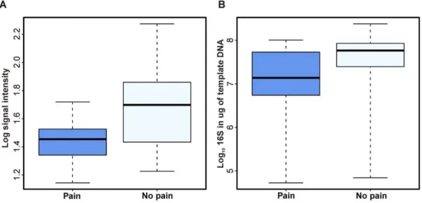 Figure 4. Quantification of Bidifobacteria in relation to abdominal pain. The samples were divided into two groups: with and without concurrent abdominal pain, and the abundance of Bifidobacteria in each group was determined using A