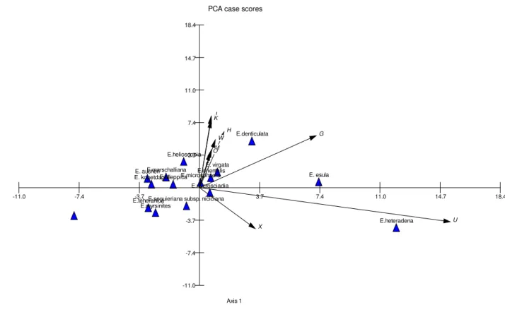 Figure 2. PCA-biplot of morphological traits. Abbreviations: U: stem leaf length, X: leaf length/wide ratio, G: cyathium leaves length, H: cyathium leaves width, W: stem leaf width, J: Raylet leaf length, K: Raylet leaf length.