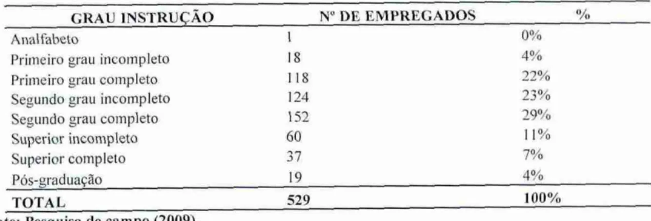 Tabela 5: Grau de escolaridade dos  funcionários  das empresas de confeccao selecionadas em Criciúma  (SC), 2009