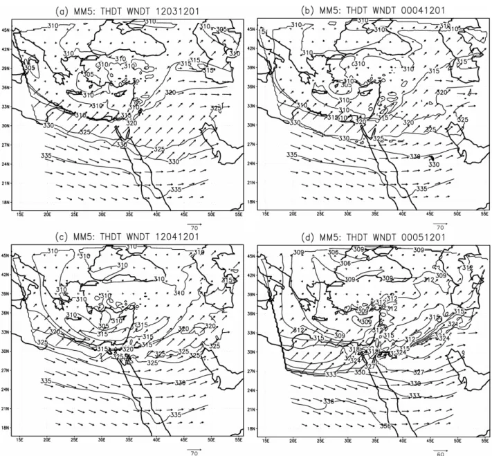 Fig. 8. MM5 simulation: Dynamic tropopause temperature and winds at 12:00 UTC 3 December 2001, (b) 00:00 UTC 4 December 2001, (c) 12:00 UTC 4 December 2001 and (d) 00:00 UTC 5 December 2001.