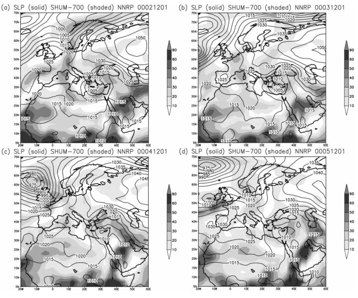 Fig. 1. Sea Level Pressure (hPa, solid lines), and 700 hPa specific humidity (g kg −1 , shading) over Europe at 00:00 UTC (a) 2 December −