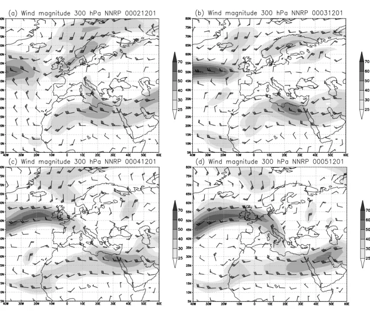 Fig. 2. Wind magnitude (contour interval 10 m s −1 ) at the 300 hPa isobaric surface over Europe at 00:00 UTC (a) 2 December 2001, (b) 3 December 2001, (c) 4 December 2001, (d) 5 December 2001.