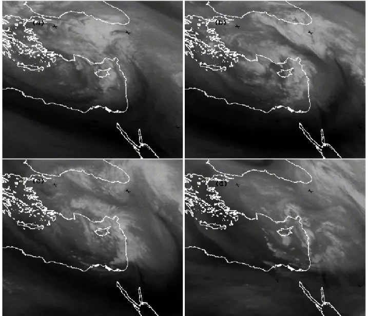 Fig. 3. Meteosat-7 (© Eumetsat 2003) water vapor imageries at (a) 12:00 UTC 3 December 2001, (b) 00:00 UTC 4 December 2001, (c) 12:00 UTC 4 December 2001, (d) 00:00 UTC 5 December 2001.