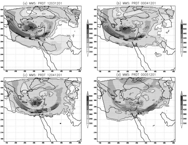 Fig. 7. MM5 simulation: Dynamic tropopause pressure at 12:00 UTC 3 December 2001 3, (b) 00:00 UTC 4 December 2001, (c) 12:00 UTC 4 December 2001 and (d) 00:00 UTC 5 December 2001.