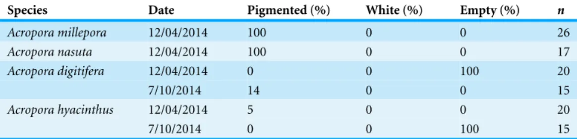 Table 1 Proportion of colonies sampled containing visible eggs. Proportion of population with pig- pig-mented eggs, white eggs and/or empty colonies in April and October 2014.
