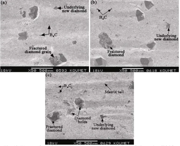 Fig. 12. Worn surface of diamond cutting segments containing B 4 C sintered at 600 °C:        