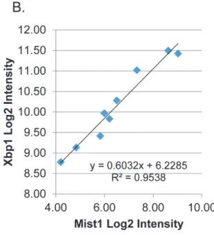Fig 7. Xbp1 Regulates Mist1 Expression during Parotid Differentiation. (A) Log2 plot of microarray data for Xbp1 and Mist1
