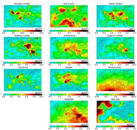 Fig. 1. Modelled surface concentrations of the aerosol tracers and precursor gases. Note that the colour scale used for mineral dust is logarithmic