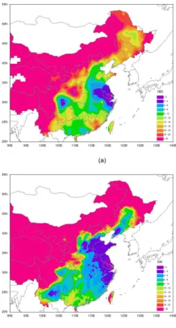Figure 3. Mean (a) observed and (b) simulated visibility for 6–7 December 2013.