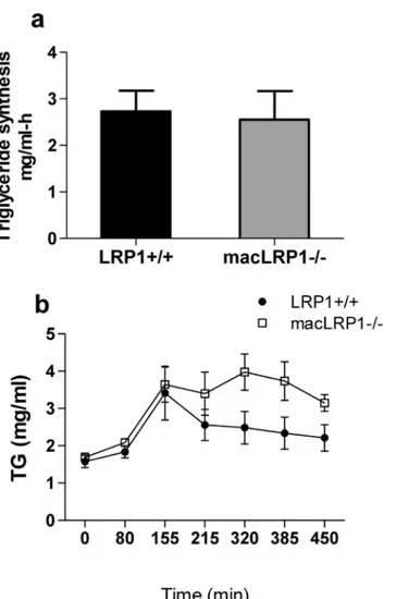 Fig 7. Postprandial serum lipids remain elevated in macLRP1-/- mice. (a) Mice (macLRP1-/-, n = 11;