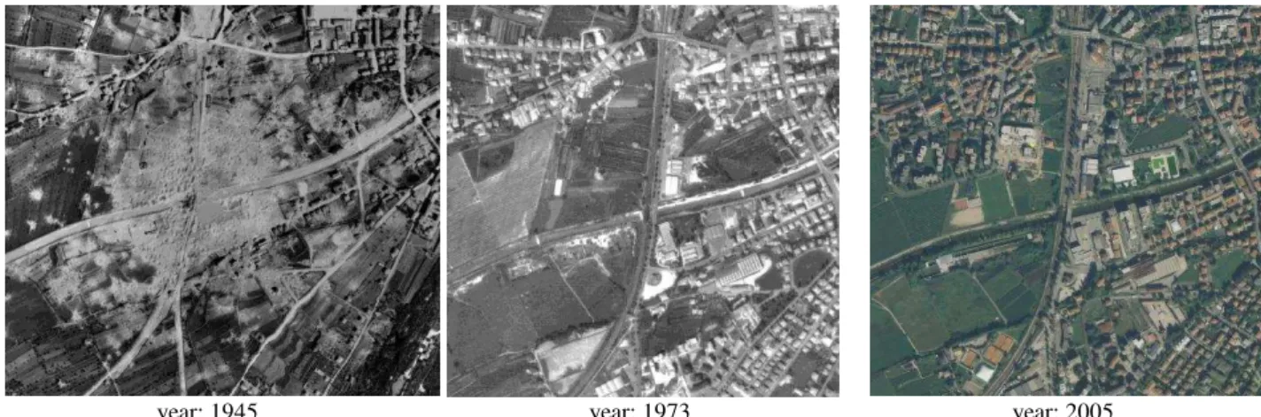 Figure  1:  Examples  of  multi-temporal  aerial  imagery  used  in  the  project  to  acquire  spatio-temporal  data  and  identify  anthropomorphic changes landscapes