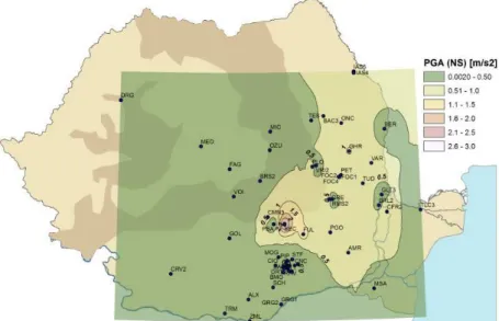 Fig. 7. Map of effective peak ground acceleration values (EPA) for the  Vrancea earthquake of October 27, 2004 (NS components) 