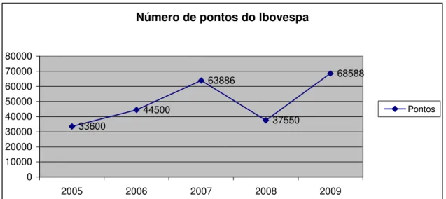 Gráfico 514: Evolução dos pontos do Ibovespa nos anos de 2005 a 2009  Fonte: Elaboração própria
