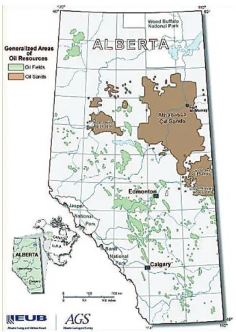 Fig. 1. Alberta’s oil sands deposits in the Athabasca, Peace River and Cold Lake regions (brown areas) (http://www.energy.alberta.ca/