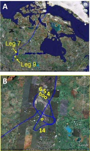 Fig. 3. Ten-day backward kinematic trajectory plots starting at flight level pressure for the two boundary layer excursions flown on 10 July 2008 (a) over the Alberta oil sands from 11:27–11:44 local time (Leg 7), and (b) in background boundary layer air f