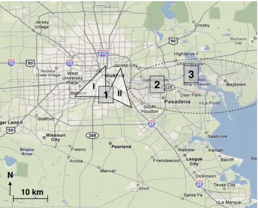 Fig. 1. HCHO measurement sites: MT (1), HRM3 (2), and LF site (3). The highlighted area in- in-dicates the HSC area