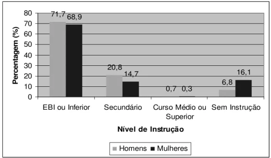 Figura 9: População Empregada por Nível de Instrução e Sexo (15 anos ou mais), 2002  (%)  71,7 20,8 0,7 6,868,914,70,3 16,1 01020304050607080
