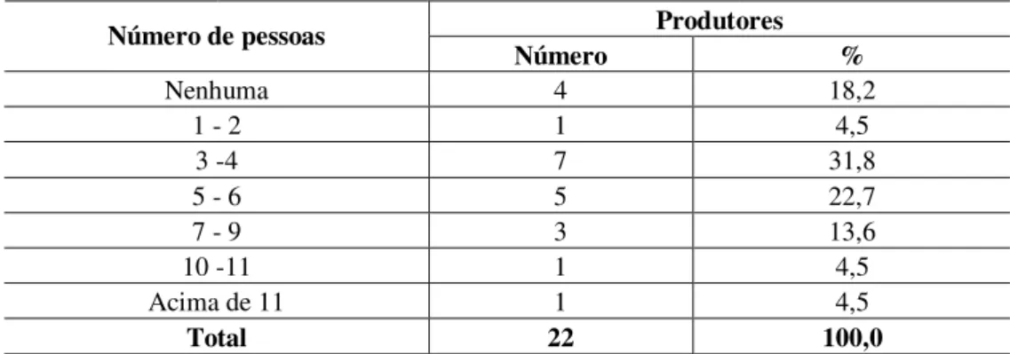 Tabela 9 – Região sul -  Número de pessoas que dependem do cultivo para viver  Produtores  Número de pessoas   Número   %  Nenhuma  4  18,2  1 - 2  1  4,5  3 -4  7  31,8  5 - 6  5  22,7  7 - 9  3  13,6  10 -11  1  4,5  Acima de 11  1  4,5  Total   22  100,