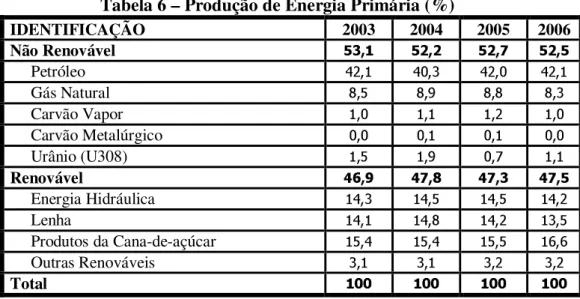 Tabela 6 – Produção de Energia Primária (%) 