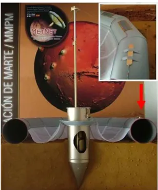 Figure 1. MMPM mock-up. The inset shows the position of MOURA sewn to the inflatable structure of the lander (red arrow).