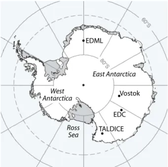 Fig. 1. Map of the Antarctic ice sheet. The four Antarctic drilling sites discussed in this work are indicated