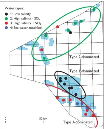 Fig. 4. Occurrence of resolved water types in the Danish oil- and gas- gas-fields. For location names see Fig