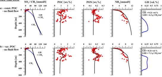 Fig. 2. Model results for ODP Site 1041 off Costa Rica for two different model runs: (a) constant POC input, and (b) varying POC input over time