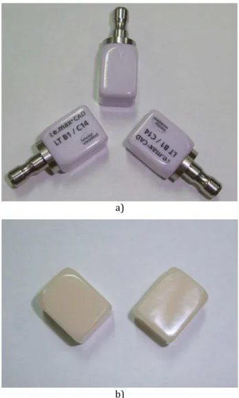 Fig.  1.  Lithium  disilicate  blocks  (IPS  e.max  CAD),  a)  partially  crystallized  blocks,  b)  final  state  of  crystallized blocks