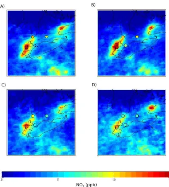 Figure 12 shows average OMI inferred surface NO 2 concen- concen-trations for the entire 2007 year separated by wind direction.