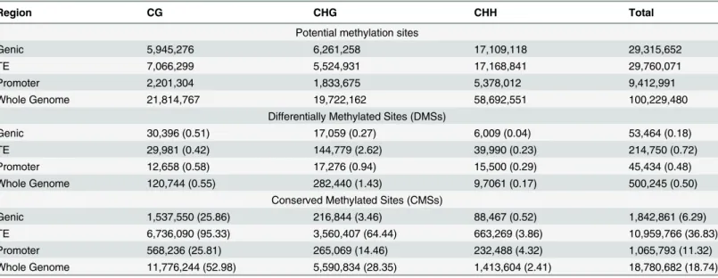 Table 1. The number of potential methylation sites, DMSs and CMSs in each of three sequence contexts (CG, CHG and CHH) throughout the entire brachypodium genome and also for three features separately (Genes, Promoters and TEs).