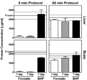 Figure 2. Protein yield from BHP-fixed tissue is equivalent to frozen tissue. Comparison of extractable protein yield from paraffin embedded BHP-fixed and formalin-fixed mouse brain and liver tissue to matched snap-frozen samples