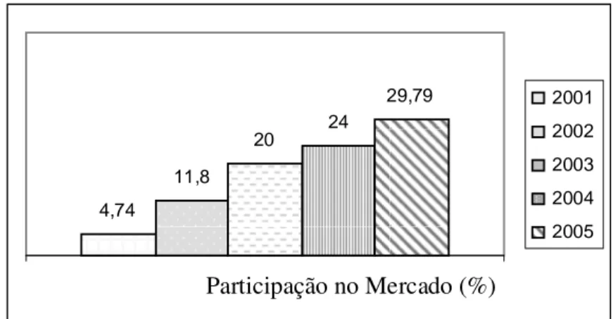 Figura 5: Participação no Mercado (Market Share) obtidos pela Gol entre 2001 e 2005 Fonte: Departamento de Memória Gol (2006) 