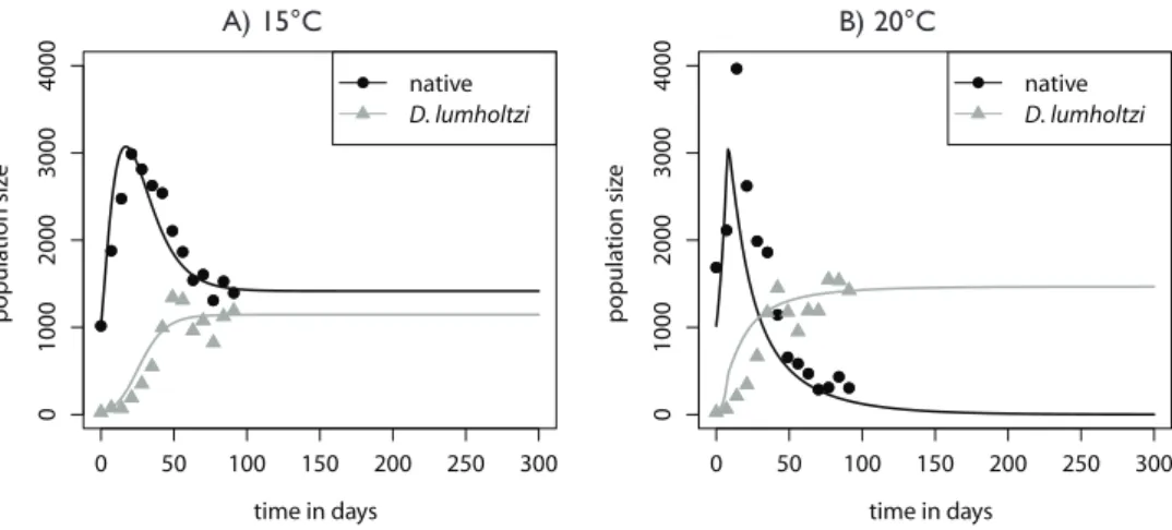 Figure 4. Time series of native and introduced Daphnia in the long-term experiments with the fitted and  extrapolated Lotka Volterra model.