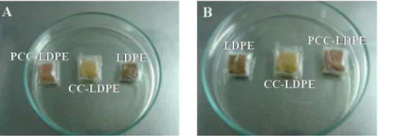 Fig 9. Effect of wrappers formed of LDPE, CC-LDPE and PCC-LDPE on meat samples, inoculated with A) Acinetobacter sp